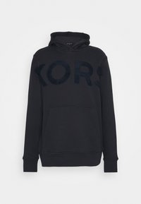 Sudadera azul marino con un bolsillo frontal tipo canguro, que presenta un logo "KORS" de felpa en azul oscuro. Fabricada con una tela suave, con puños y dobladillo acanalados.