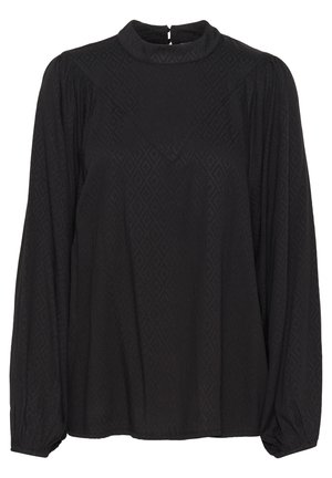 Juoda ilgomis rankovėmis bluzonė su aukštu kaklu, turinti tekstūruotą deimanto raštą ir susiraukšlėtas rankoves, uždarytą užpakaline anga.