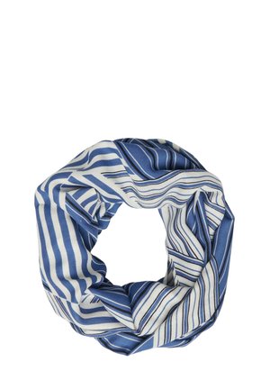 Blau-weiß gestreifter Stoffschlaufen-Schal mit unterschiedlich breiten Streifen, die in einer kreisförmigen Form auf weißem Hintergrund angeordnet sind.