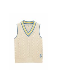 Kreminė megzta liemenė su kabliuku, V formos iškirpte, mėlynais ir geltonais dryžiais apdailoje, ir mažas mėlynas logotipas kairiajame apačios kampe.