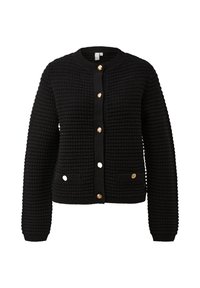 Schwarze strukturierte Strickjacke mit langen Ärmeln, rundem Halsausschnitt, vorderen goldenen Knöpfen und zwei kleinen, knöpfbaren Taschen auf der Taille.