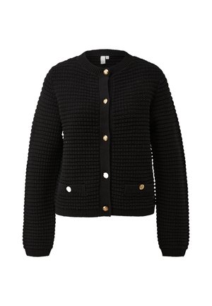 Cardigan nero in maglia lavorata a maglia con maniche lunghe, scollo rotondo, bottoni dorati frontali e due piccole tasche con bottone in vita.
