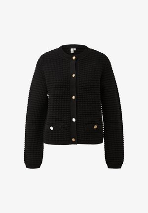 Cardigan nero in maglia lavorata a maglia con maniche lunghe, scollo rotondo, bottoni dorati frontali e due piccole tasche con bottone in vita.