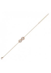 Bracciale in oro rosato con un centrale a forma di infinito, caratterizzato da una finitura liscia e impreziosito da piccole pietre trasparenti lungo i bordi.