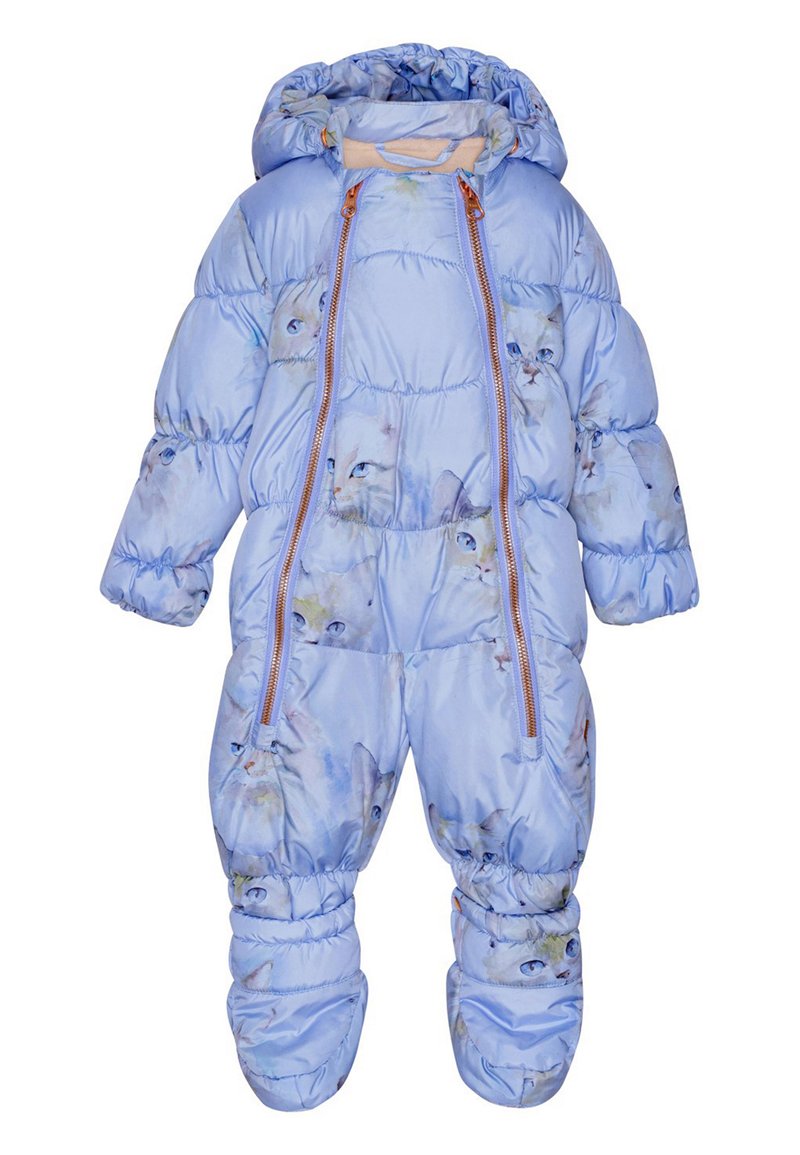 Šviesiai mėlynas pūkinis snowsuit'as su katės raštu, turi gobtuvą, du priekiniai užtrauktukai ir elastingi rankogaliai, kad gerai prisiglustų. Minkšta, izoliuota medžiaga.
