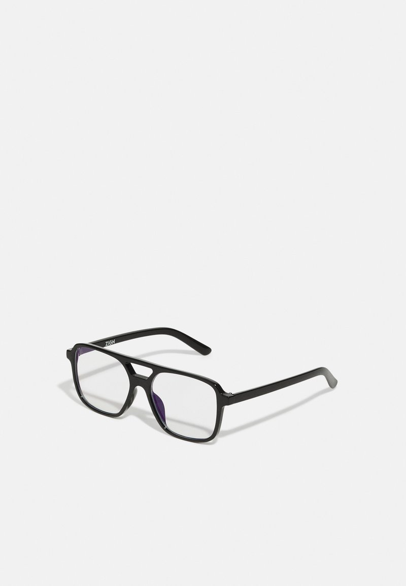 Zwarte rechthoekige brillen met heldere lenzen en een subtiele paarse tint, met slanke armen en een minimalistisch ontwerp.