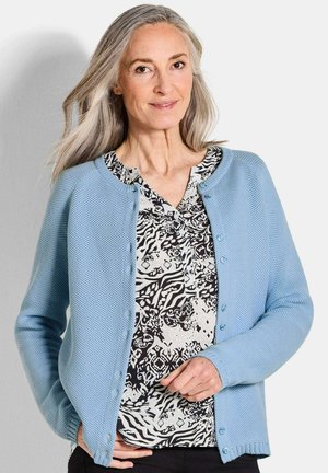 Helles, blaues Strick-Cardigan mit einem strukturierten Muster, ausgestattet mit einem Rundhalsausschnitt und einer Knopfleiste, getragen über einer gemusterten schwarz-weißen Bluse.