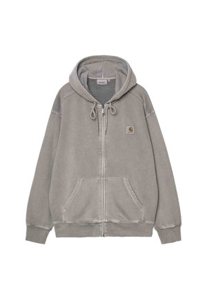 Jasnoszara bluza Carhartt na suwak z przednimi kieszeniami, kapturem z regulowanym sznurkiem i naszywką z logo na lewej piersi.