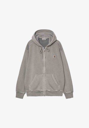Sudadera con capucha gris claro de Carhartt con cremallera, bolsillos frontales, capucha con cordones y parche con el logo en el pecho izquierdo.