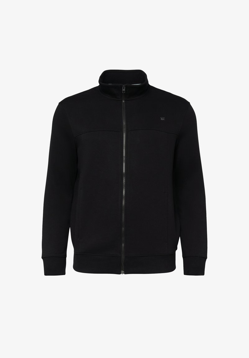 Must täislukuga jope kõrge krae, pikkade varrukatega, kahe küljetasku ja peene logoga vasakul rinnal.