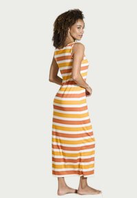 Maxime dress featuring orange, white, and yellow horizontal stripes, made of soft fabric with a relaxed fit and sleeveless design.
