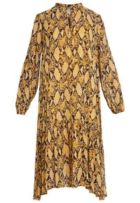 Žluté a hnědé šaty s vzorem, dlouhými rukávy, nařaseným pasem a límečkem typu mandarin s texturovaným designem připomínajícím hadí kůži.