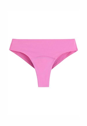 Lyserød bomulds-tangastring, der har et sømløst design og en glat tekstur. Taljen er bred og ligger fladt uden yderligere hardware eller accenter.