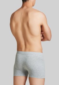 Boxer shorts grigi in cotone visti da dietro, con una cintura morbida e una forma aderente, dalla trama uniforme e senza motivi aggiuntivi.