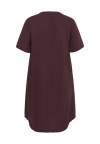 Burgundy linen dress with short sleeves, loose fit, rounded neckline, and side pockets; smooth texture and knee-length design.