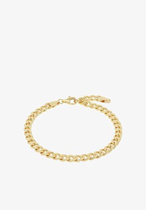 Pulsera de cadena en tono dorado con eslabones planos entrelazados y cierre de langosta sobre un fondo blanco.