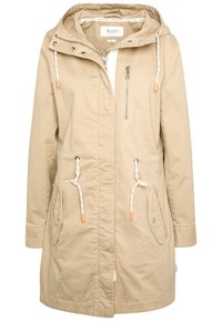 Beżowa lekka kurtka typu parka z kapturem, sznureczkami, zamkiem z przodu oraz dwiema bocznymi kieszeniami z kontrastowymi akcentami.