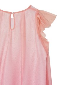 Rosa Kleid aus leicht transparentem, strukturiertem Stoff mit silbernen Punkten. Rüschenärmel und ein keyhole Rückenverschluss mit einem Knopfdetail.