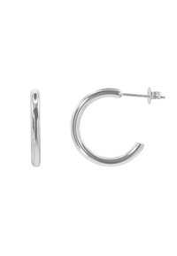 Orecchini a cerchio in argento con una superficie liscia e lucida, caratterizzati da un design curvo e chiusura a perno; leggeri e dal design minimalista.