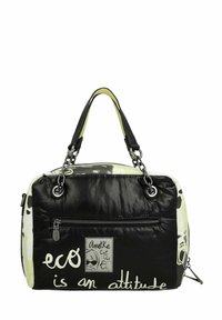 Sac à main écologique noir et blanc avec double poignée, tissu texturé, poche avant zippée et texte graphique : « l'éco est une attitude. »