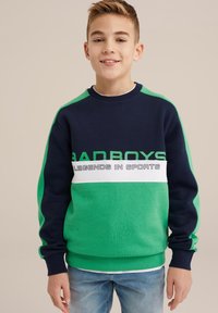 Sweater bleumarin și verde cu dungi albe; are inscripțiile "BAD BOYS" și "LEGENDS IN SPORTS"; țesătură din amestec de bumbac, manșete și tiv nervurate.