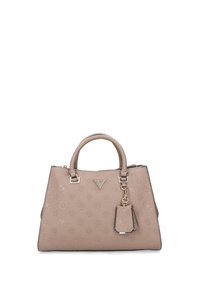 Borsa beige con forma strutturata, superficie testurizzata, motivo decorativo a rilievo, hardware in tonalità argento e etichetta removibile.