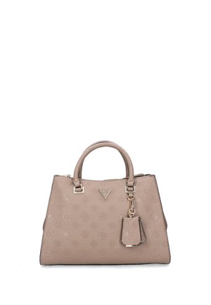 Borsa beige con forma strutturata, superficie testurizzata, motivo decorativo a rilievo, hardware in tonalità argento e etichetta removibile.