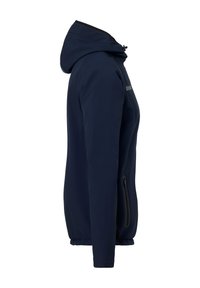 Veste à capuche bleu marine avec une texture lisse, poches zippées sur les côtés et poignets élastiques. Présente un design ajusté pour un look épuré.