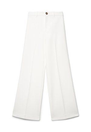 Pantaloni bianchi a gamba larga con una texture liscia, dotati di chiusura con bottone e passanti per cintura. Design sartoriale con un aspetto pulito e minimalista.