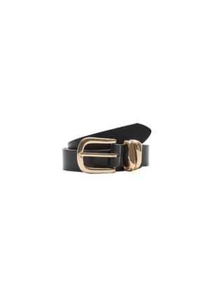 Black leather belt featuring a gold-tone metal buckle, flat design, and smooth texture. The buckle has a rectangular shape with rounded edges.