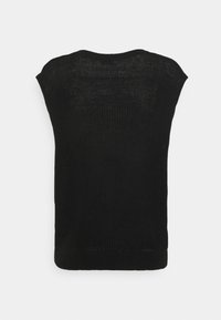 Černý pletený top bez rukávů s žebrovanou texturou, kulatým výstřihem a volným střihem. Zadní strana má decentní otevřený pletený vzor.