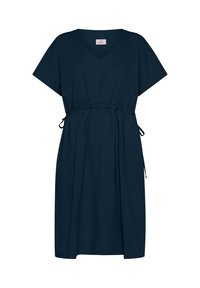 Navyblaues Kleid mit V-Ausschnitt und kurzen Ärmeln, mit verstellbarem Kordelzug in der Taille und glatter Textur. Einfaches, locker sitzendes Design.