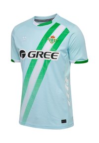 Camiseta de fútbol de color azul claro con rayas verdes y acentos en blanco. Presenta un logo en el pecho y texto de patrocinio en negro. Mangas cortas, cuello redondo.