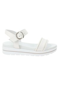 White sandal featuring two wide straps and ankle buckle. Thick sole with a slight heel; smooth texture with minimal stitching detail.