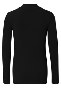 Schwarzes, geripptes Langarmoberteil mit hohem Kragen und enganliegendem Design. Glatte Textur, keine sichtbaren Muster oder Akzente auf der Rückseite.