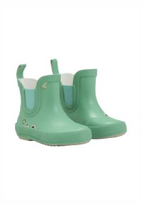 Bottes de pluie en caoutchouc vert avec des panneaux latéraux élastiques, des semelles texturées et de petits détails décoratifs. Comprend des languettes pour un enfilage facile.