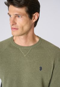 Maglione verde lavorato a maglia con maniche lunghe, collo a costine e un piccolo logo blu navy sul petto. Tessuto morbido e vestibilità classica.