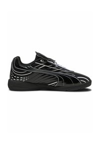 Scarpa da atletica nera dal design elegante, caratterizzata da materiale lucido e dettagli bianchi, superficie testurizzata e forma della punta arrotondata.