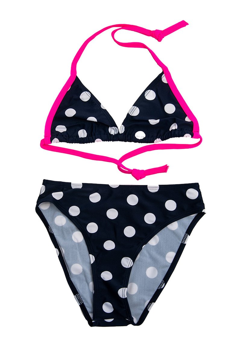 Dwuczęściowy bikini z granatowego materiału, w białe kropki i różowe ramiączka. Góra ma trójkątny fason, a dół klasyczne wycięcie.
