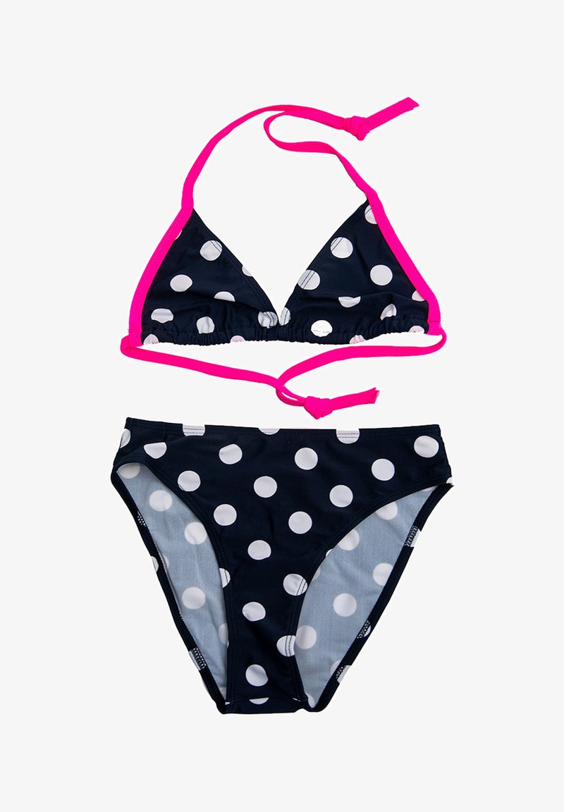 Dwuczęściowy bikini z granatowego materiału, w białe kropki i różowe ramiączka. Góra ma trójkątny fason, a dół klasyczne wycięcie.