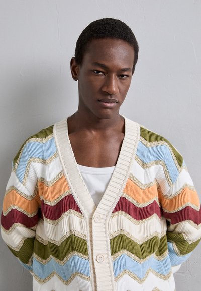 Daudzkrāsains adīts džemperis, kam ir viļņu raksts krēmkrāsā, zilā, oranžā, sarkanā un zaļā krāsā, ar V-veida kaklu un divām pogām priekšā.