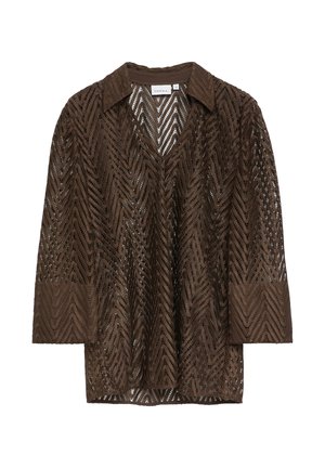 Braune Langarm-Spitzenjacke mit Chevron-Muster, Kragen und offenem Vorderteil, Größe 34, mit "Comma"-Label im Krageninneren.