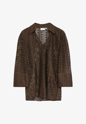 Braune Langarm-Spitzenjacke mit Chevron-Muster, Kragen und offenem Vorderteil, Größe 34, mit "Comma"-Label im Krageninneren.