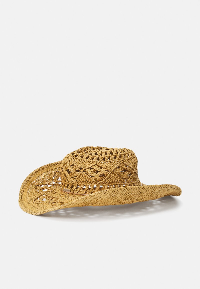Cappello di paglia con una larga visiera, motivo intrecciato intricato e una corona leggermente rialzata. Il colore è un beige naturale con una finitura testurizzata.