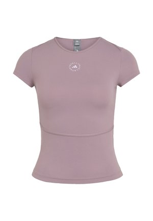 Top sportivo aderente a maniche corte di colore malva con scollo tondo e piccolo logo circolare Adidas by Stella McCartney sul petto.