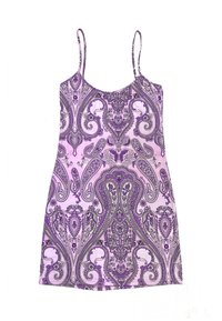 Abito senza maniche a fantasia paisley viola e rosa con scollatura a giro e spalline sottili, realizzato in tessuto morbido dalla superficie liscia.