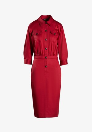 Vestido rojo de botones con cuello, dos bolsillos en el pecho, mangas largas y cintura ajustada. Tejido suave con una silueta elegante.