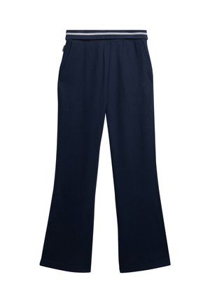 Granatowe szerokie spodnie z elastycznym pasem w paski białe i granatowe, kieszeniami po bokach oraz subtelnym haftowanym logo z przodu.