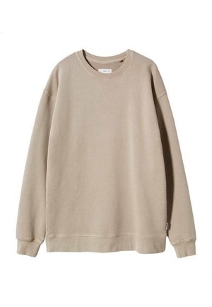 Béžová mikina s kulatým výstřihem a dlouhými rukávy, žebrované manžety a lem, jednoduchý design, zobrazena na bílém pozadí.