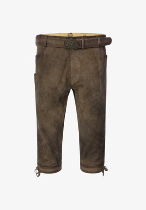 Brown leather shorts with a textured finish, featuring a decorative belt buckle, side pockets, and embroidered detailing on the left leg.
